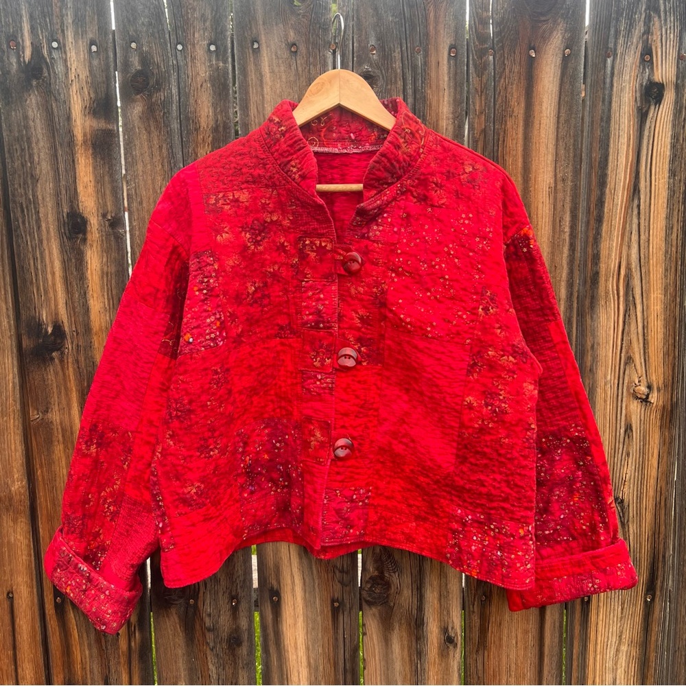 Women’s Unique Red Patchwork Boxy Kimono Button Up Grandma Core Festival Jacket